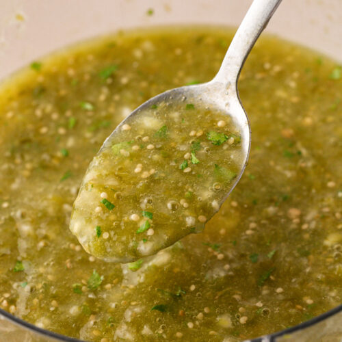 Spoonful lifting salsa verde from bowl.